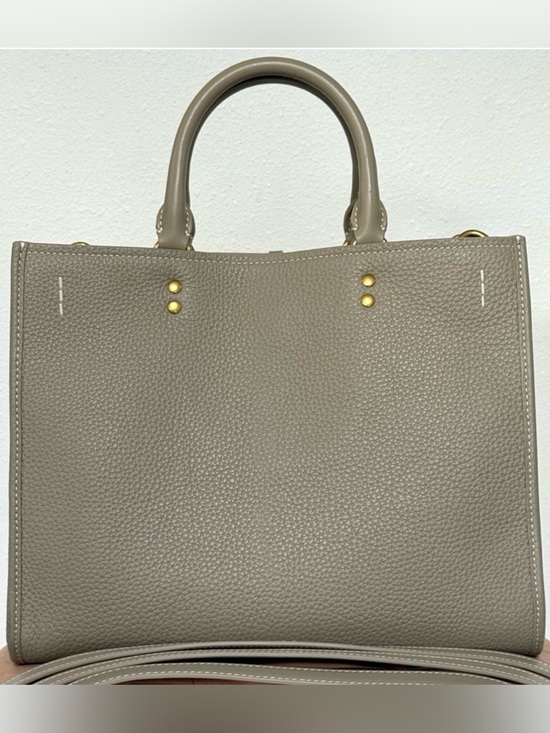 Quince Handbags - Quince Taupe Pebbled Leather Satchel with Gold Accents